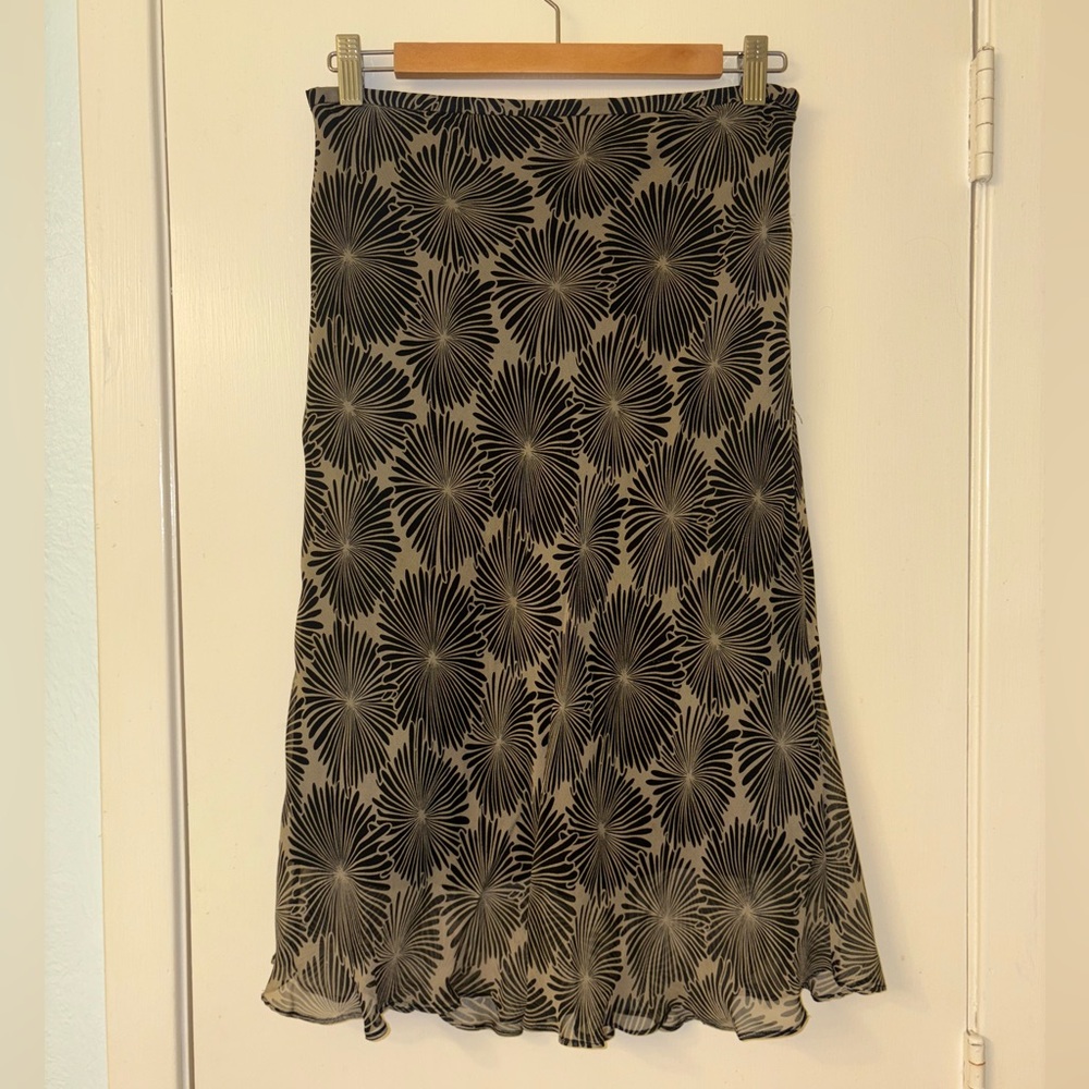 Abstract Floral Print Silk Chiffon Ruffle Midi Skirt